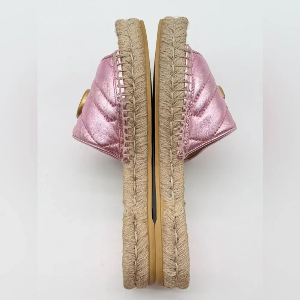 Gucci Pilar GG Marmont Metallic Rosa Leather Espadrille Slide Sandals EU 37 US 7